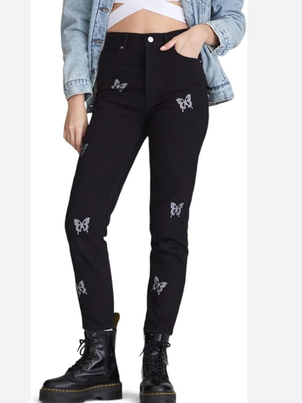 PacSun Women's Butterfly Ultra High-Black High-Waist Butterfly Embroidered Jeans